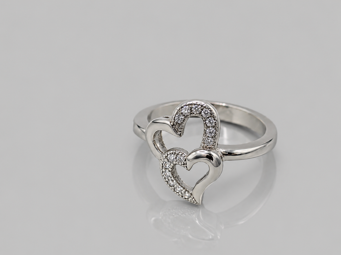Silver Double Open Heart Pave Ring