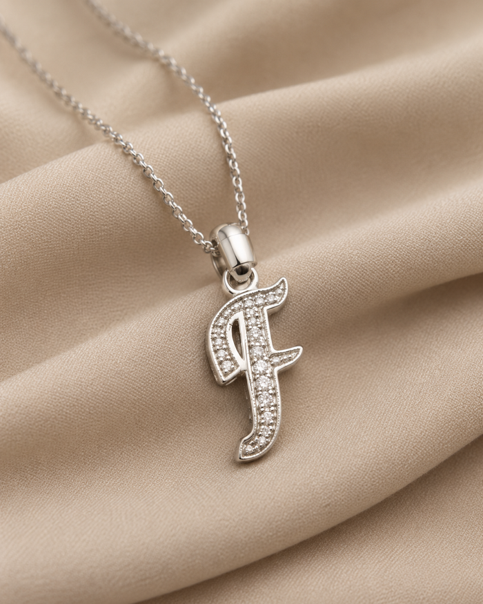 Silver Script F Initial Pave Pendant