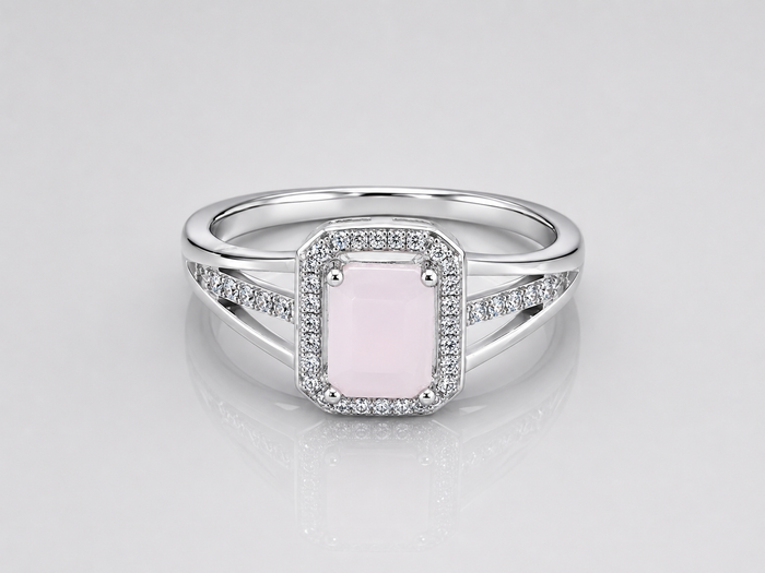 Silver Pink Stone Halo Split-Shank Ring