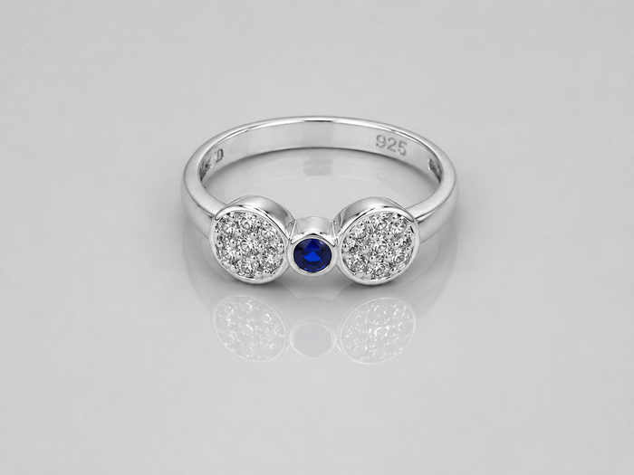 Silver Twin Pave Disc Blue Stone Ring