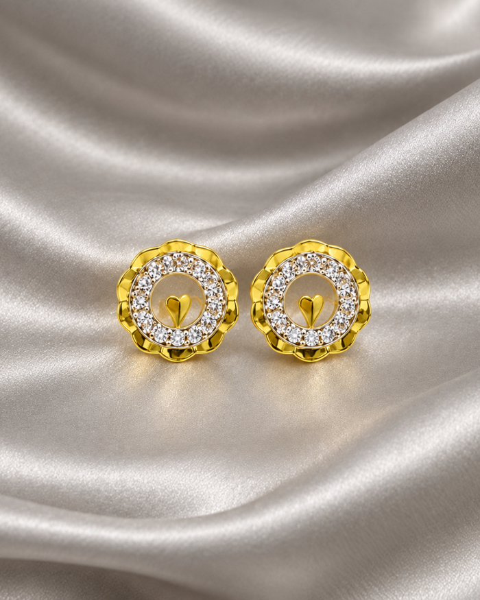 Two-Tone Golden Scalloped CZ Halo Studs
