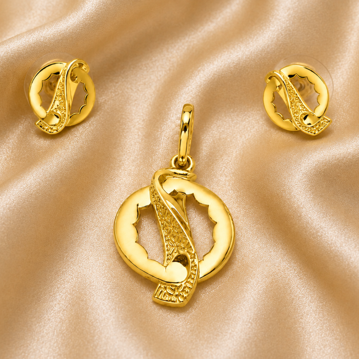 Golden Wave & Circle Pendant & Earring Set