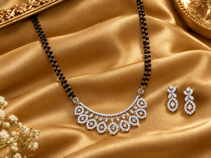 Silver CZ Scalloped Arc Bib Mangalsutra