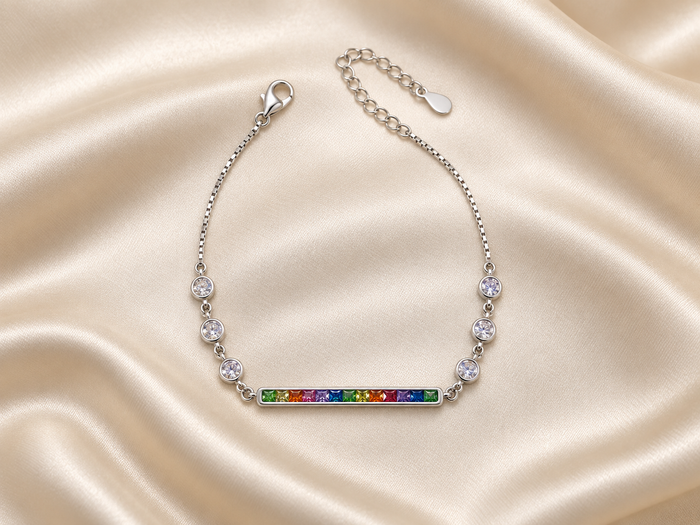 Silver Rainbow Stone Bar Bracelet