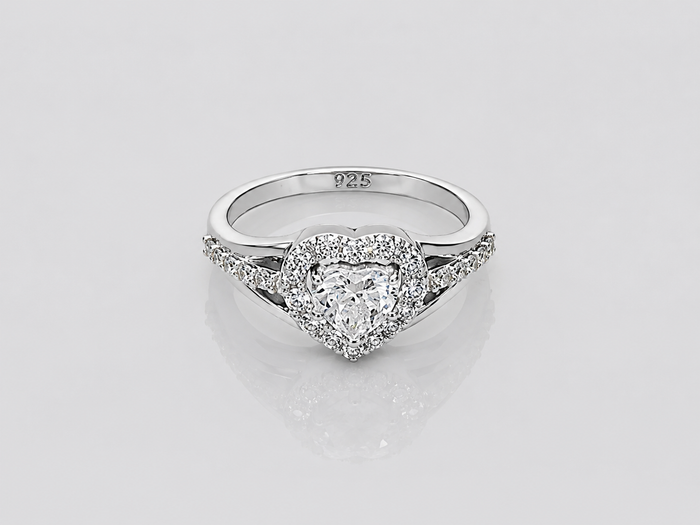 Silver Solitaire Heart Halo Split-Shank Ring