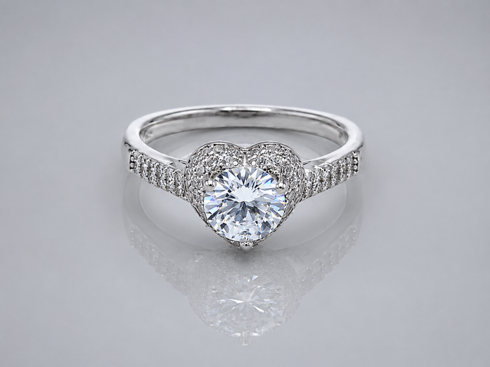 Silver Solitaire Pave Heart Halo Ring