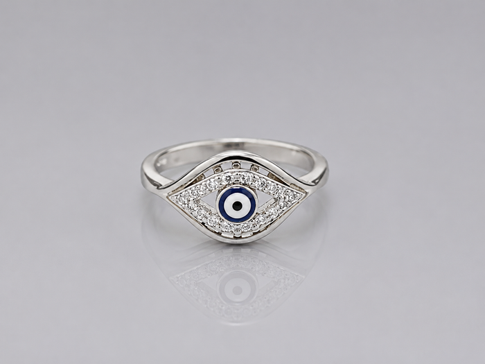 Silver Blue Evil Eye Pave Marquise Ring