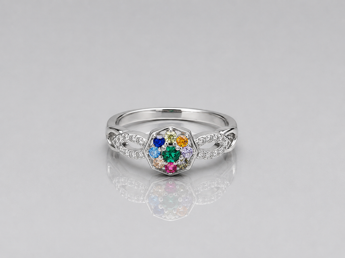Silver Navratna Hexagon Twist Ring
