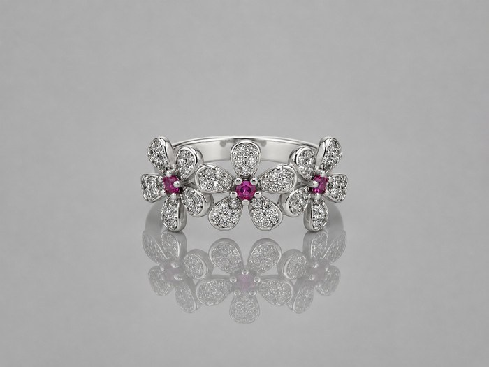 Silver Triple Ruby Centre Flower Pave Ring