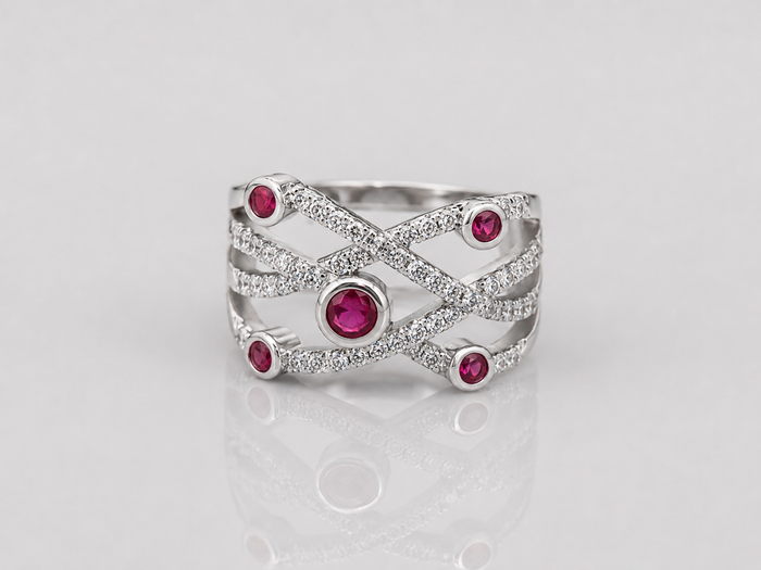 Silver Ruby Bezel Criss-Cross Pave Ring