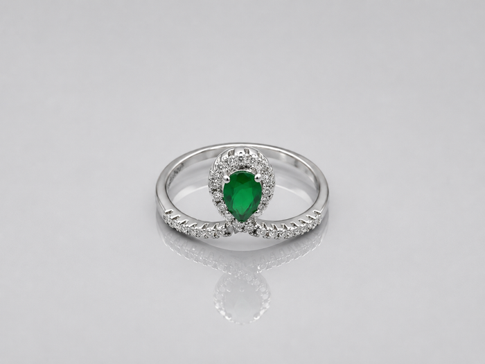 Silver Emerald Pear Halo Pave Ring