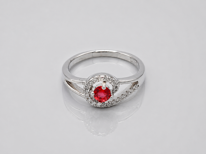 Silver Ruby Round Halo Swirl Ring