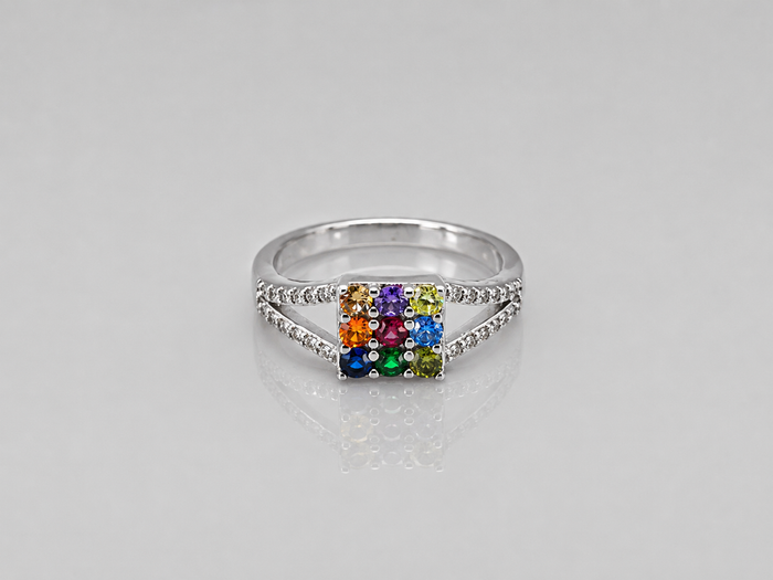 Silver Navratna Square Panel Split-Shank Ring