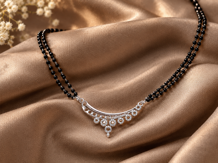 Silver CZ Curved Bar Circle Fringe Mangalsutra