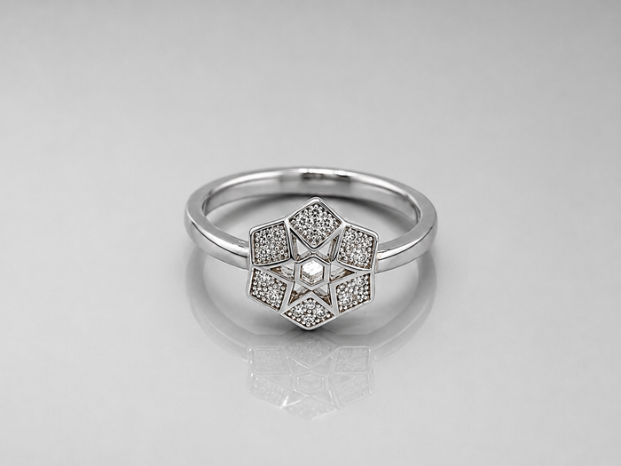 Silver Pave Star Hexagon Panel Ring