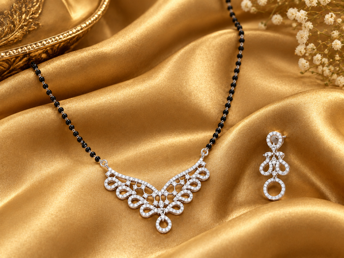 Silver CZ Scalloped Mangalsutra & Earring Set
