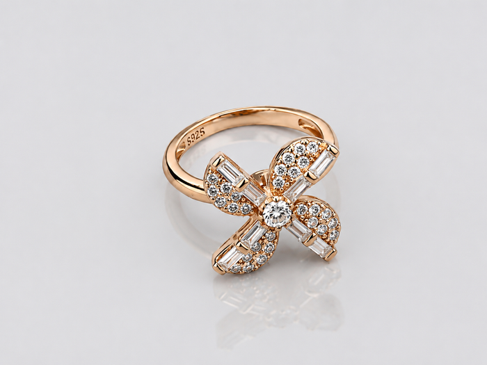 Silver Rose Gold Baguette Flower Ring