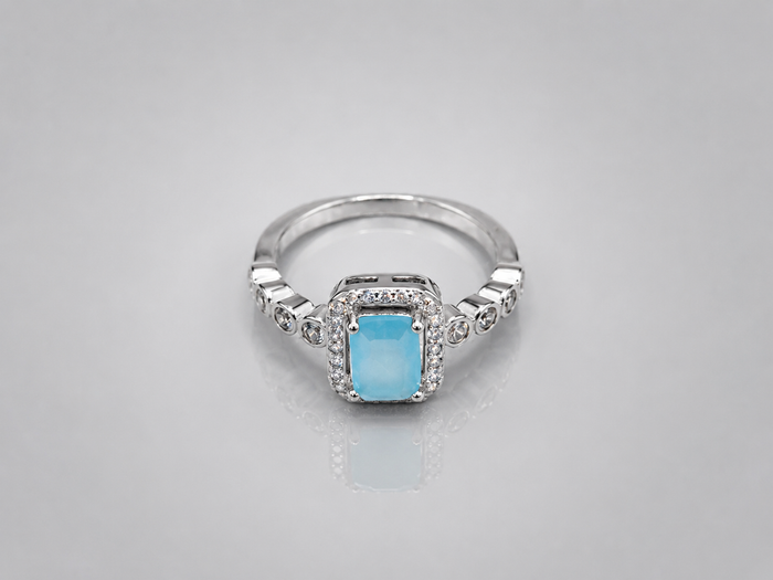 Silver Aqua Stone Milgrain Accent Ring