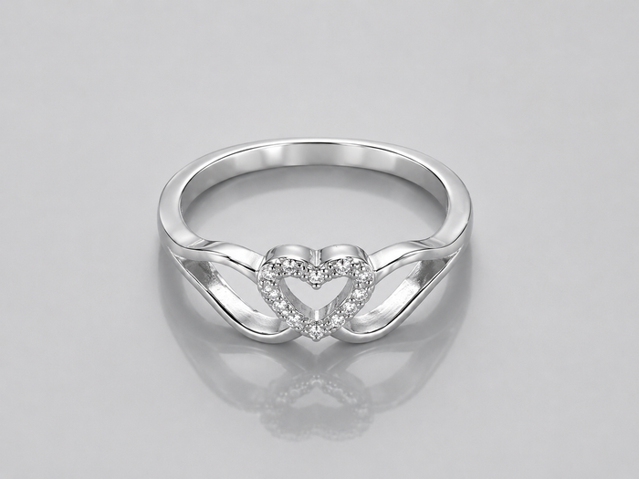 Silver Open Pave Heart Crossover Ring