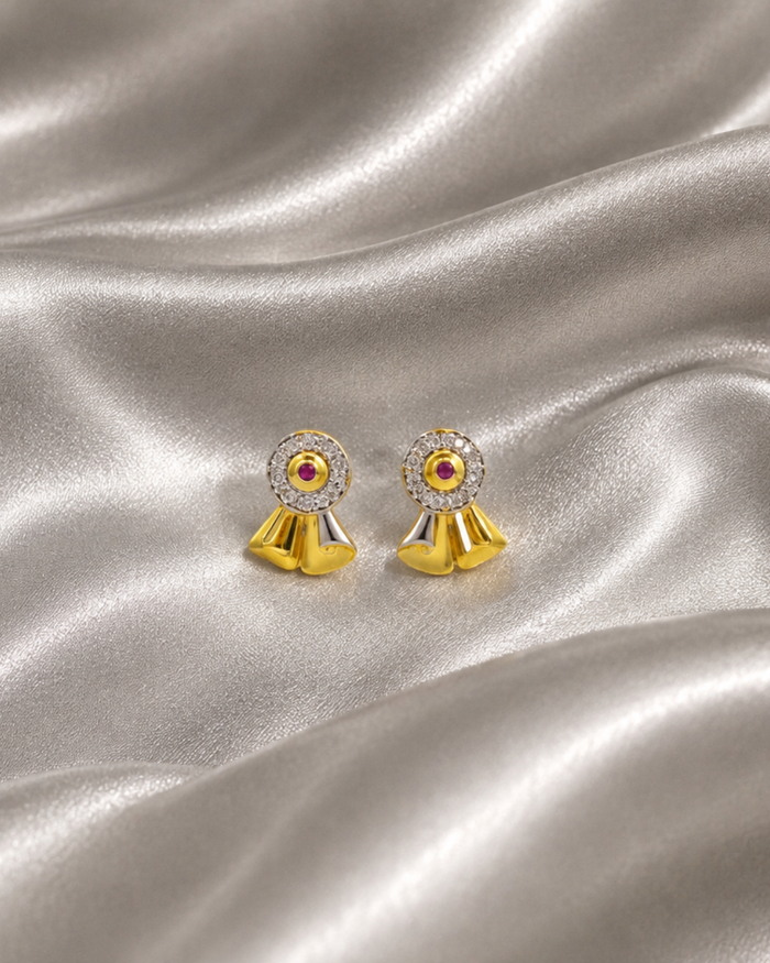 Golden Flared Fan CZ & Red Stone Studs