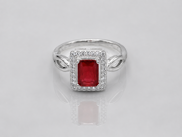 Silver Red Emerald-Cut Halo Openwork Ring