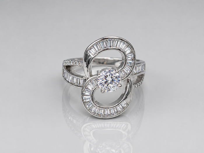 Silver Baguette Swirl Solitaire Cocktail Ring