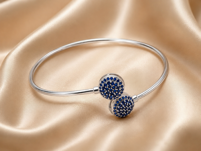 Silver Blue Pavé Double Disc Open Cuff Bracelet