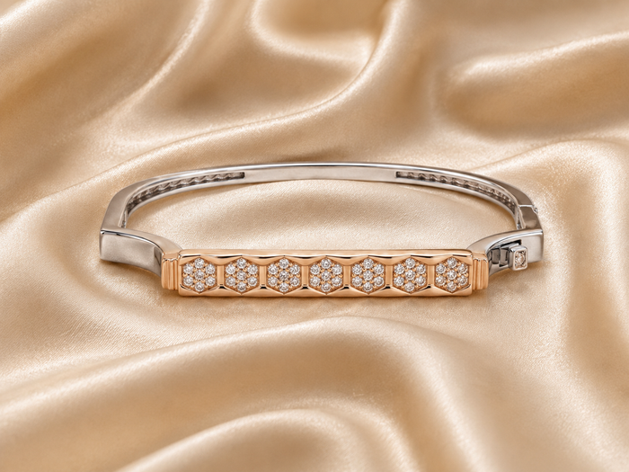 Silver Bracelet with Rose Gold Tone Hexagon Pavé Bar