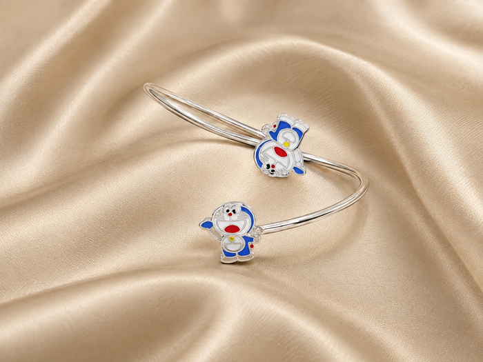 Silver Blue Enamel Cartoon Duo Kids Cuff Bracelet