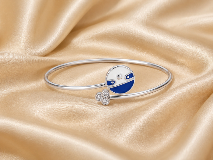 Silver Blue & White Enamel Charm Kids Cuff Bracelet