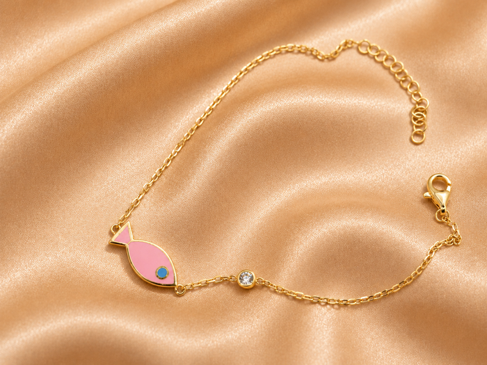 Silver Bracelet with Gold-Tone Pink Fish Charm