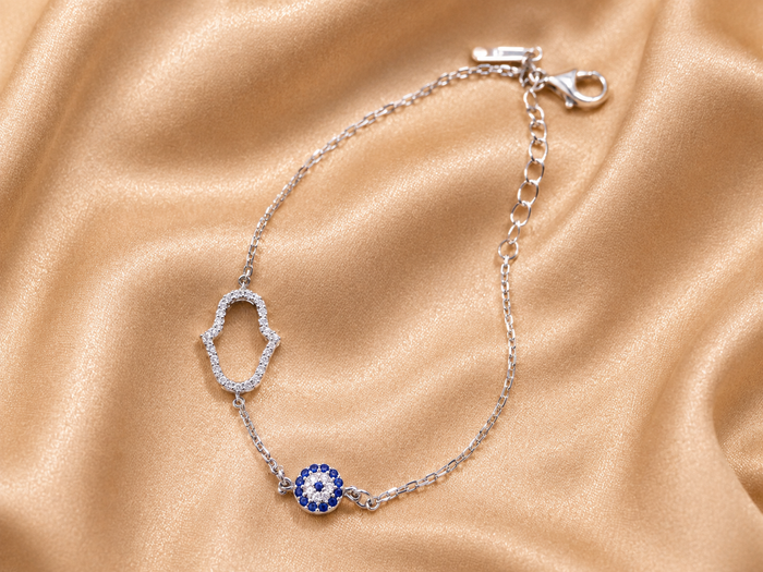 Silver Hamsa & Evil Eye Chain Bracelet