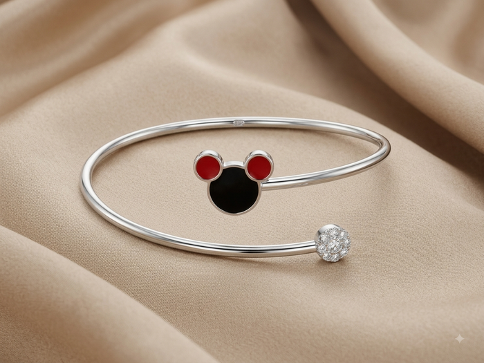 Silver Red & Black Enamel Mouse Kids Cuff Bracelet