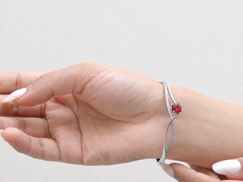 Silver Red Solitaire Crossover Bracelet