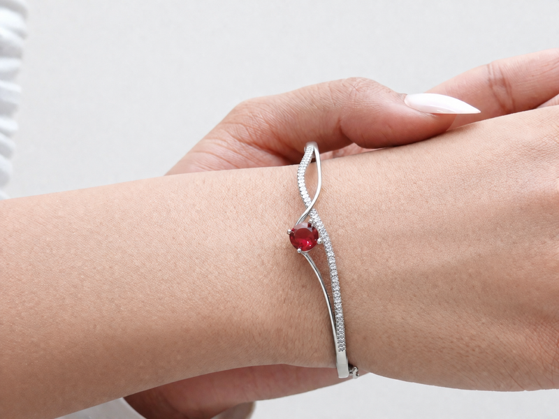 Silver Red Solitaire Crossover Bracelet