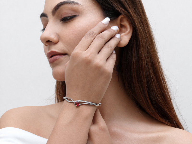 Silver Red Solitaire Crossover Bracelet