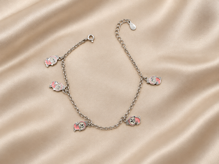 Silver Pink Enamel Charm Dangle Bracelet