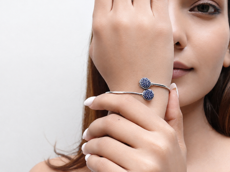 Silver Blue Pavé Double Disc Open Cuff Bracelet