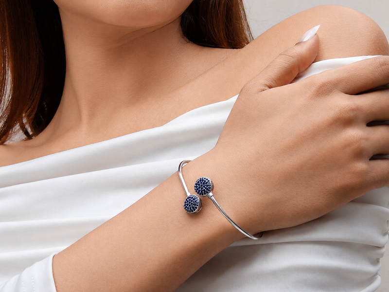 Silver Blue Pavé Double Disc Open Cuff Bracelet