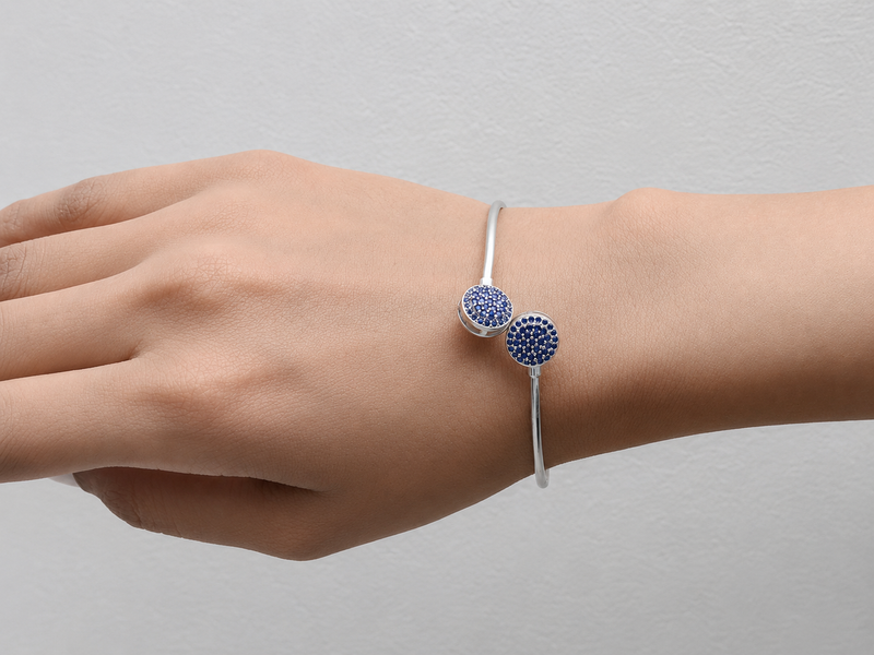 Silver Blue Pavé Double Disc Open Cuff Bracelet