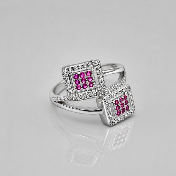 Silver Ruby Square Double Panel Ring