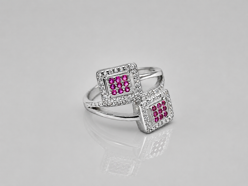 Silver Ruby Square Double Panel Ring
