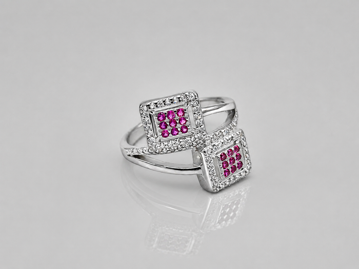Silver Ruby Square Double Panel Ring