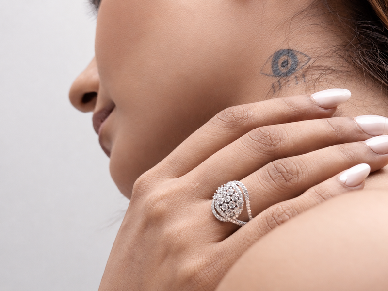 Silver Pave Cluster Oval Cocktail Ring