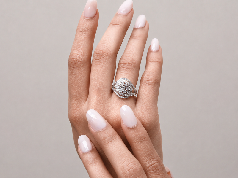 Silver Pave Cluster Oval Cocktail Ring