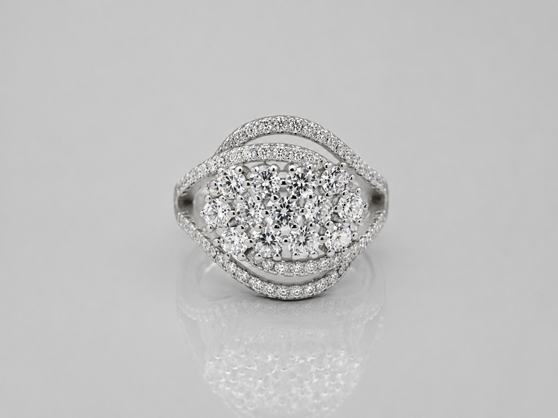 Silver Pave Cluster Oval Cocktail Ring