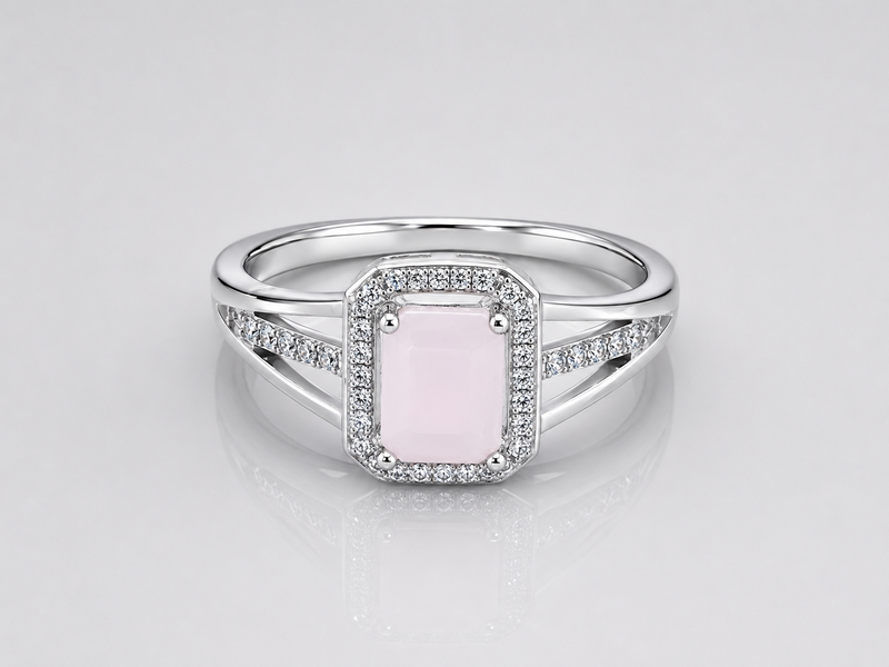 Silver Pink Stone Halo Split-Shank Ring