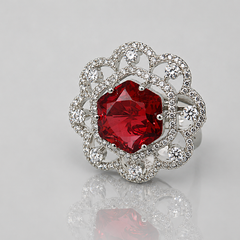 Silver Red Stone Scalloped Flower Halo Ring