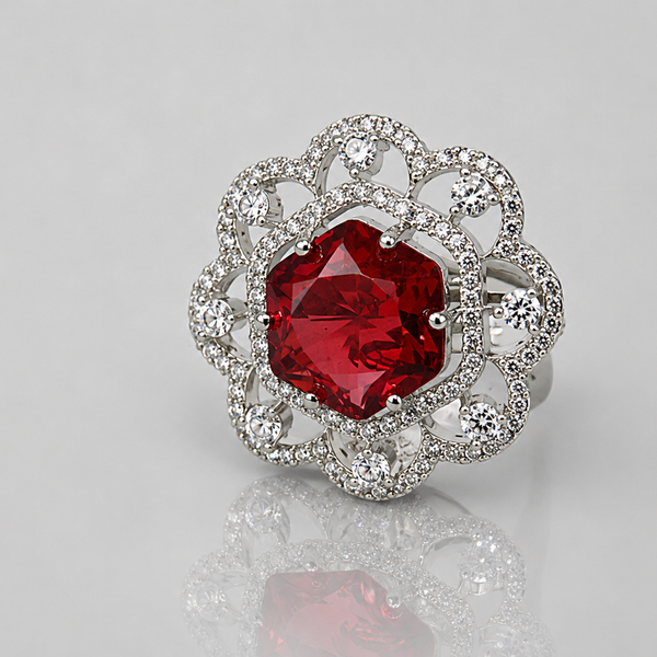 Silver Red Stone Scalloped Flower Halo Ring