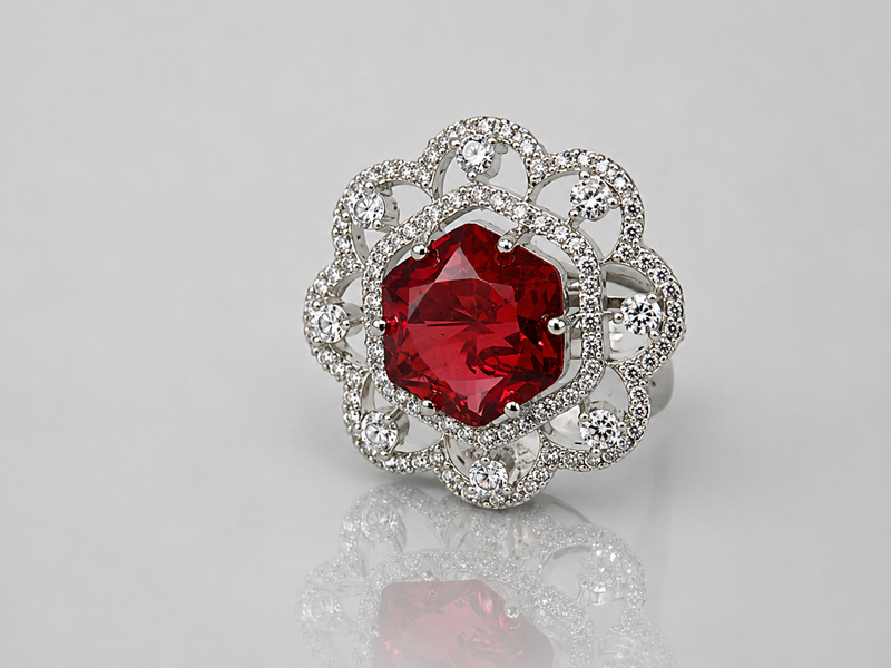 Silver Red Stone Scalloped Flower Halo Ring